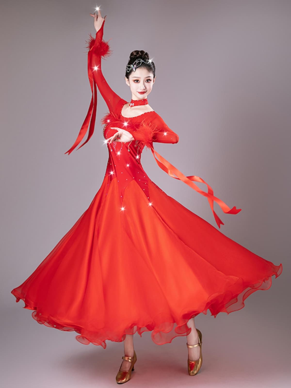 社交 ダンス ドレス 情熱リボン フェザー ドレス