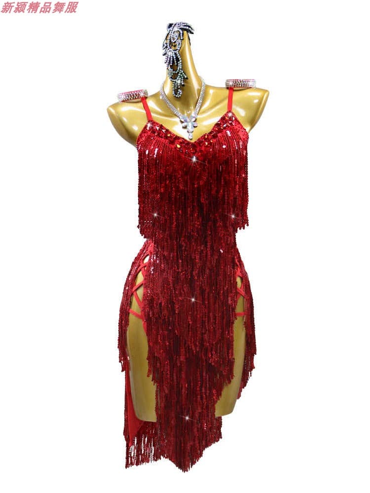 社交 ダンス ドレス 煌めき流れるフリンジドレス