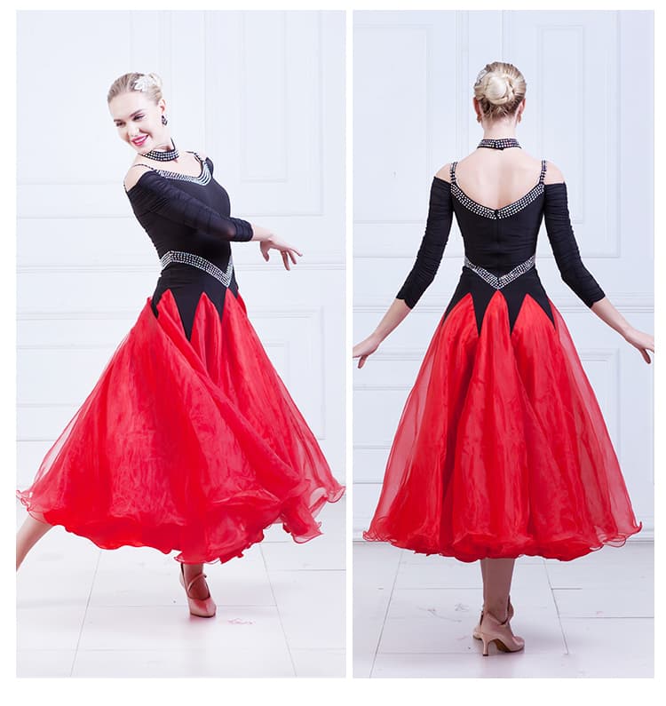 社交 ダンス ドレス 華麗なオフショルダーパフォーマンスドレス